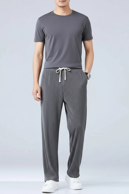 Pantalon Fluide Gris Droit Plissé Décontracté Homme - Polyester