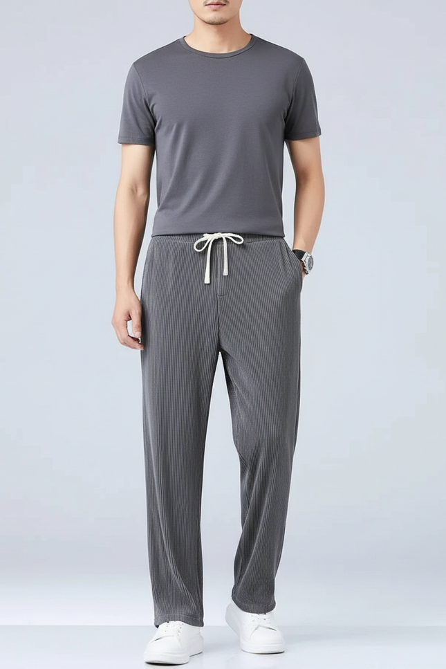 Pantalon Fluide Gris Droit Plissé Décontracté Homme - Polyester