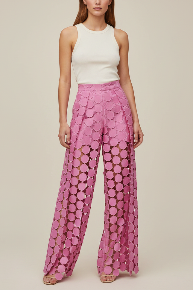 Pantalon Fluide Rose Évidé Polka Dot Ample Élégant - Polyester