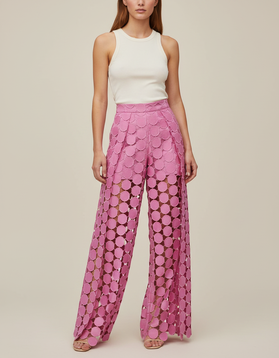 Pantalon Fluide Rose Évidé Polka Dot Ample Élégant - Polyester
