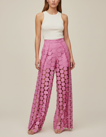 Pantalon Fluide Rose Évidé Polka Dot Ample Élégant - Polyester