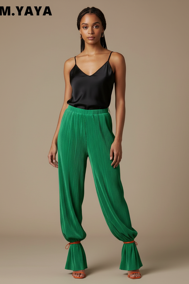 Pantalon Fluide Vert Plissé Ample Chevilles Serrées - Polyester