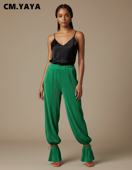 Pantalon Fluide Vert Plissé Ample Chevilles Serrées - Polyester