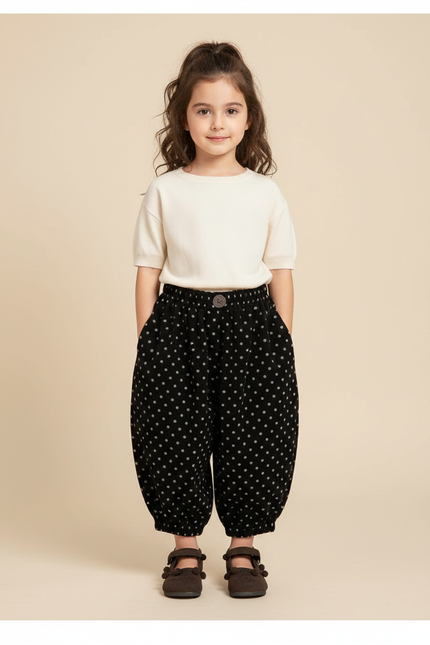 Pantalon Fluide Noir Pois Blancs Côtelé Ample Enfant - Cordé