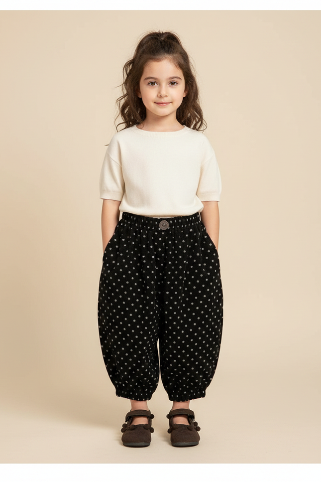 Pantalon Fluide Noir Pois Blancs Côtelé Ample Enfant - Cordé