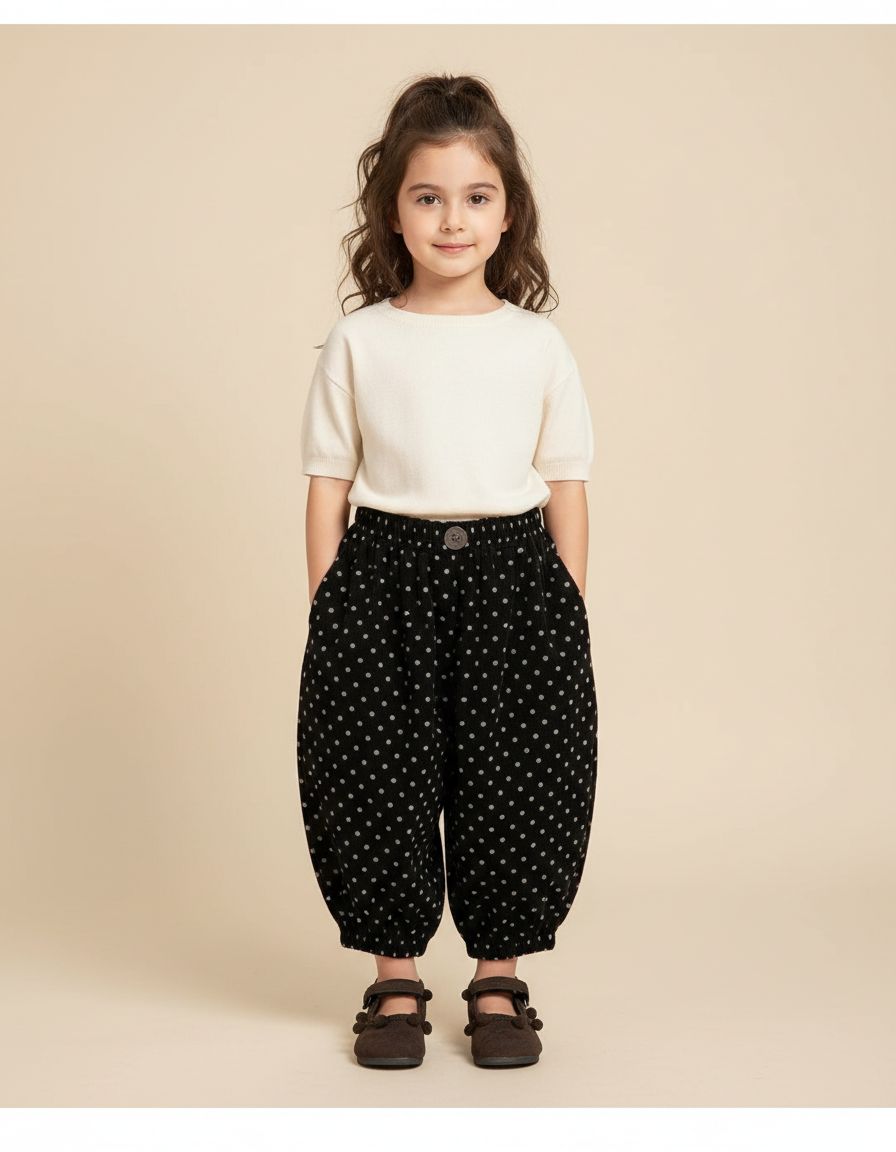 Pantalon Fluide Noir Pois Blancs Côtelé Ample Enfant - Cordé