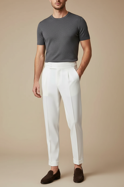 Pantalon Fluide Blanc Plissé Élégant Droit Homme - Viscose
