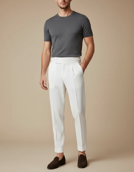 Pantalon Fluide Blanc Plissé Élégant Droit Homme - Viscose