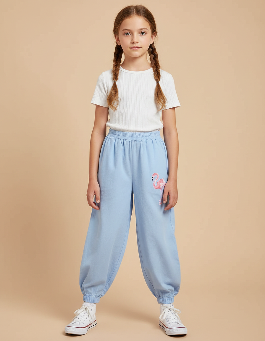 Pantalon Fluide Bleu Ciel Ample Flamingo Coton - Molleton