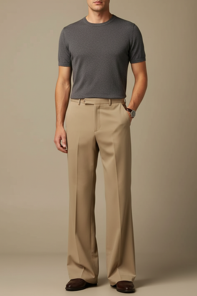 Pantalon Fluide Beige Large Élégant Homme Décontracté - Gabardine