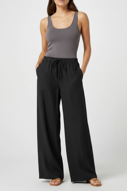 Pantalon Fluide Noir Ample Lin Décontracté Taille Haute