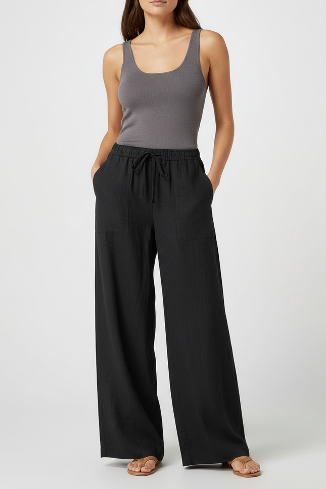 Pantalon Fluide Noir Ample Lin Décontracté Taille Haute