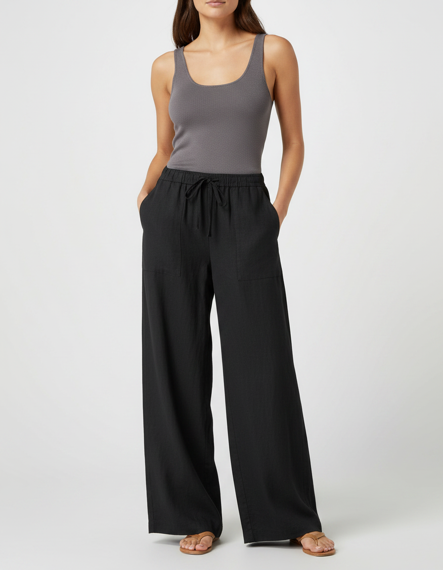 Pantalon Fluide Noir Ample Lin Décontracté Taille Haute