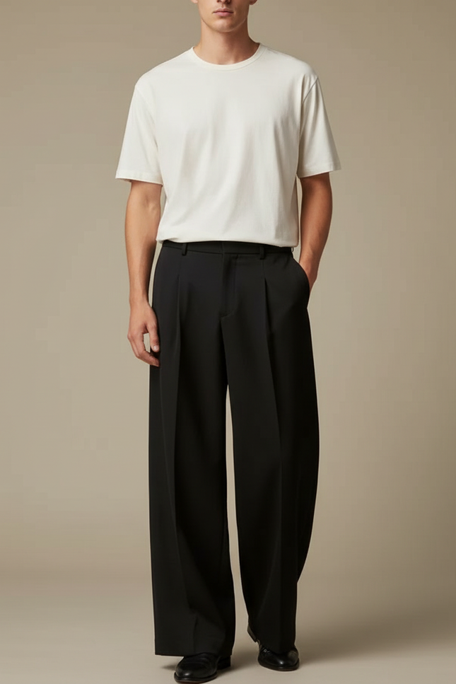 Pantalon Fluide Homme Noir Palazzo Viscose Chic - Polyester