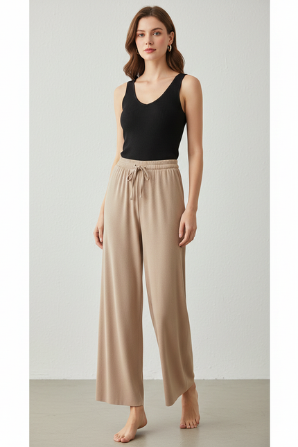 Pantalon Fluide Kaki Ample Doux Cordon Confortable - Maille