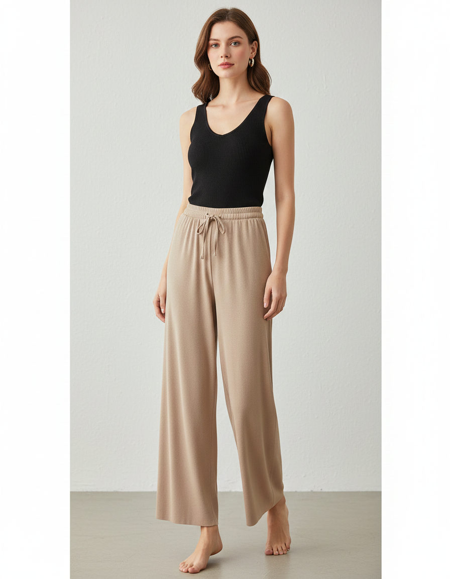 Pantalon Fluide Kaki Ample Doux Cordon Confortable - Maille