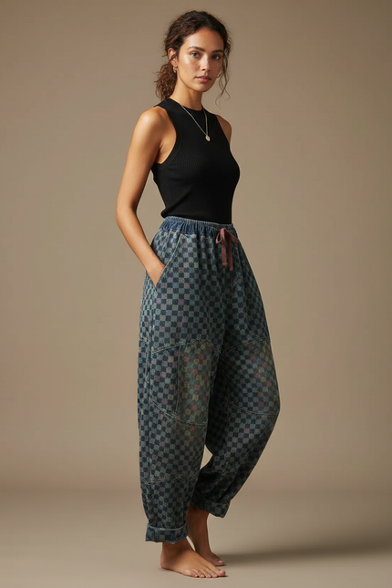 Pantalon Fluide Carreaux Denim Ample Vintage Décontracté - Imprimé Jean