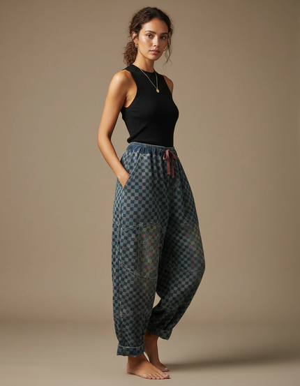 Pantalon Fluide Carreaux Denim Ample Vintage Décontracté - Imprimé Jean