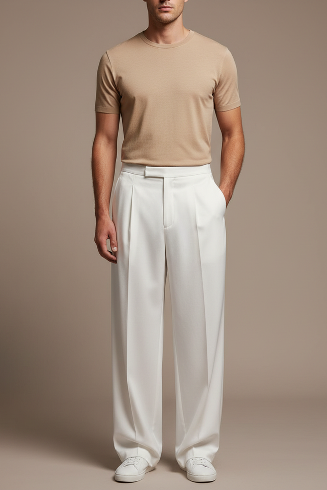 Pantalon Fluide Blanc Ample Plissé Décontracté Élégant Homme - Viscose