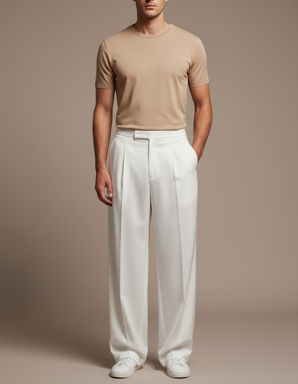 Pantalon Fluide Blanc Ample Plissé Décontracté Élégant Homme - Viscose