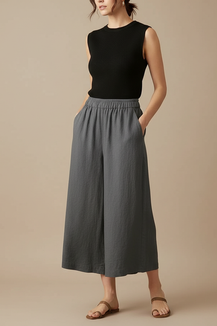 Pantalon Fluide Gris Lin Ample Décontracté Court
