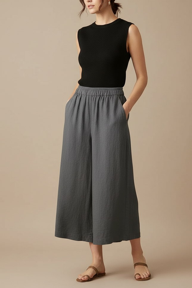 Pantalon Fluide Gris Lin Ample Décontracté Court