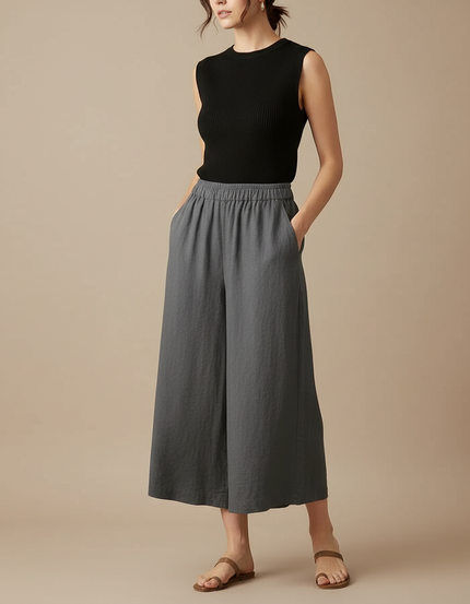 Pantalon Fluide Gris Lin Ample Décontracté Court