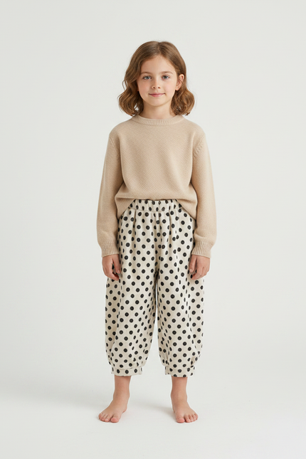 Pantalon Fluide Polka Dots Écru Ample Hiver - Beige Cordé