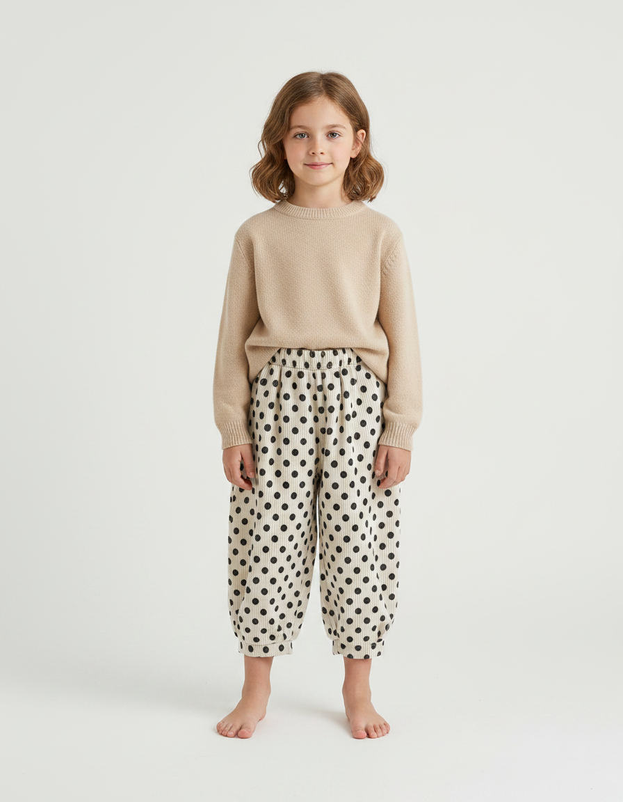 Pantalon Fluide Polka Dots Écru Ample Hiver - Beige Cordé