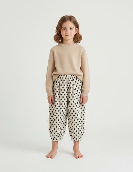 Pantalon Fluide Polka Dots Écru Ample Hiver - Beige Cordé