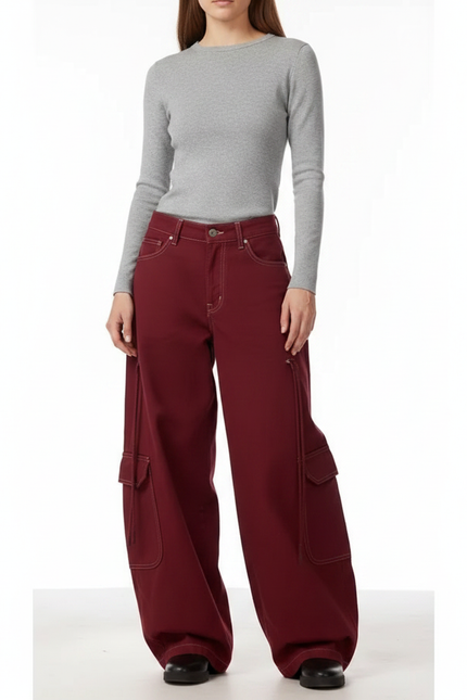Pantalon Fluide Cargo Rouge Ample Large Décontracté Femme - Bordeaux Gabardine