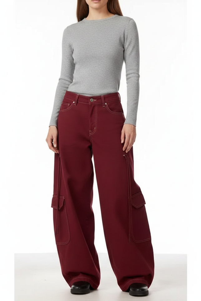 Pantalon Fluide Cargo Rouge Ample Large Décontracté Femme - Bordeaux Gabardine
