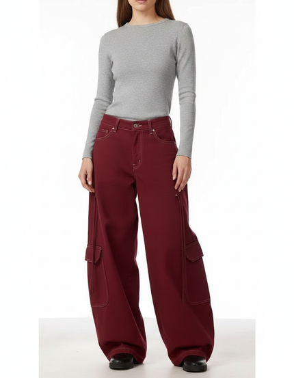 Pantalon Fluide Cargo Rouge Ample Large Décontracté Femme - Bordeaux Gabardine
