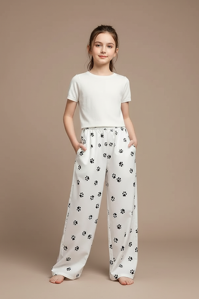 Pantalon Fluide Blanc Ample Imprimé Pattes Décontracté Fille - Viscose