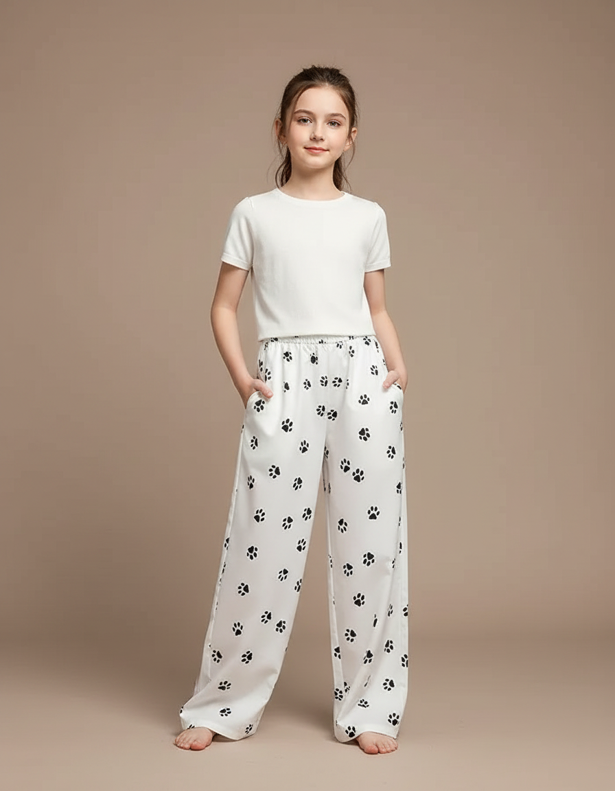Pantalon Fluide Blanc Ample Imprimé Pattes Décontracté Fille - Viscose