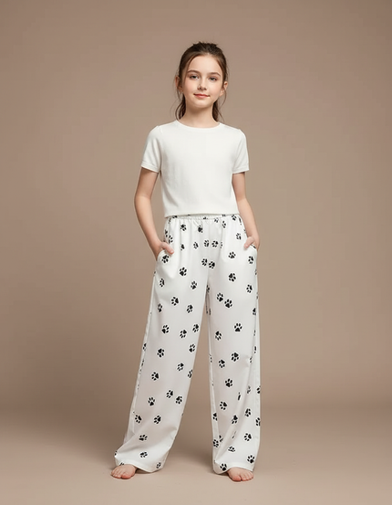 Pantalon Fluide Blanc Ample Imprimé Pattes Décontracté Fille - Viscose