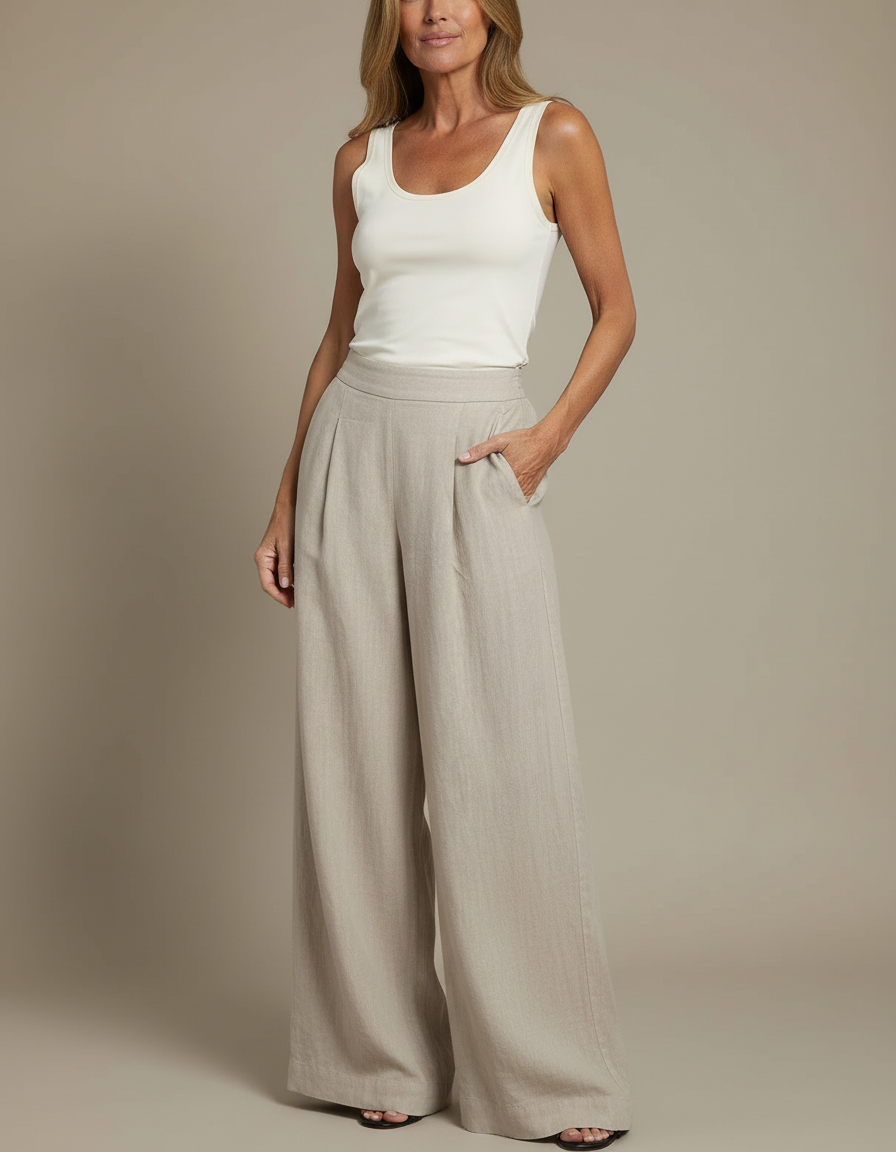 Pantalon Fluide Beige Large Plissé Chic Femme - Lin