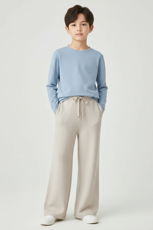 Pantalon Fluide Beige Chevrons Tricotés Ample Enfant - Maille