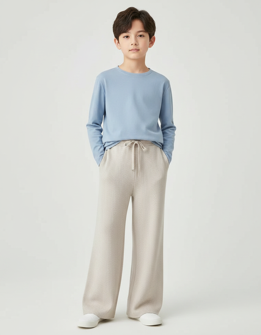 Pantalon Fluide Beige Chevrons Tricotés Ample Enfant - Maille