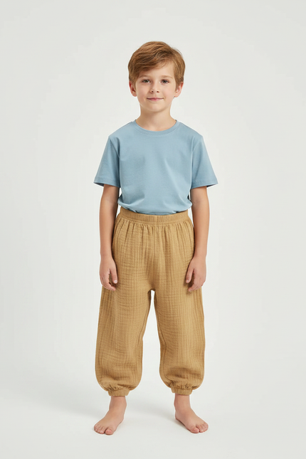 Pantalon Fluide Coton Plissé Ample Garçon Marron - Camel