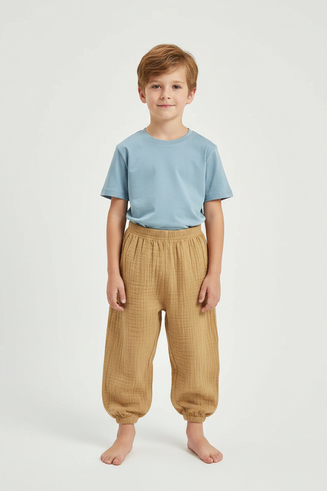 Pantalon Fluide Coton Plissé Ample Garçon Marron - Camel
