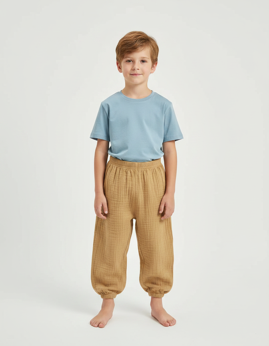 Pantalon Fluide Coton Plissé Ample Garçon Marron - Camel
