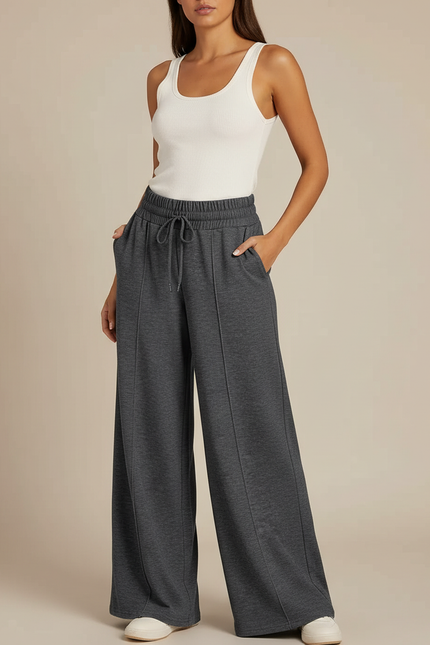 Pantalon Fluide Ample Gris Cordon Poches Décontracté - Molleton