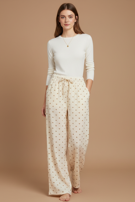Pantalon Fluide Cœurs Beige Ample Coton Confortable Femme