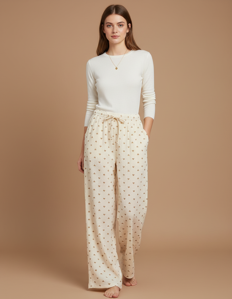 Pantalon Fluide Cœurs Beige Ample Coton Confortable Femme