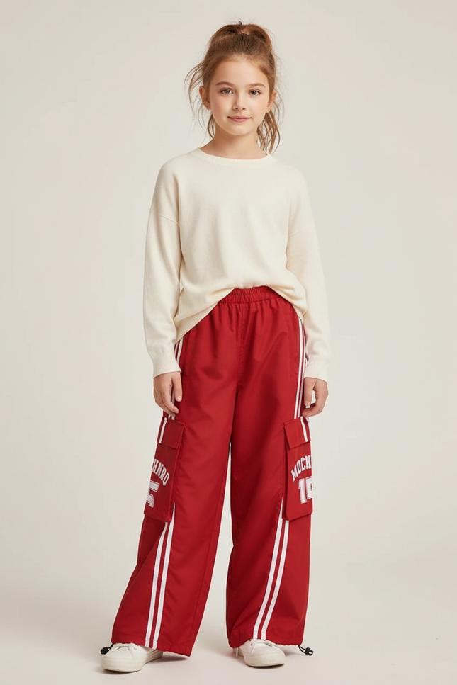 Pantalon Fluide Rouge Cargo Rayures Blanches Ample - Polyester