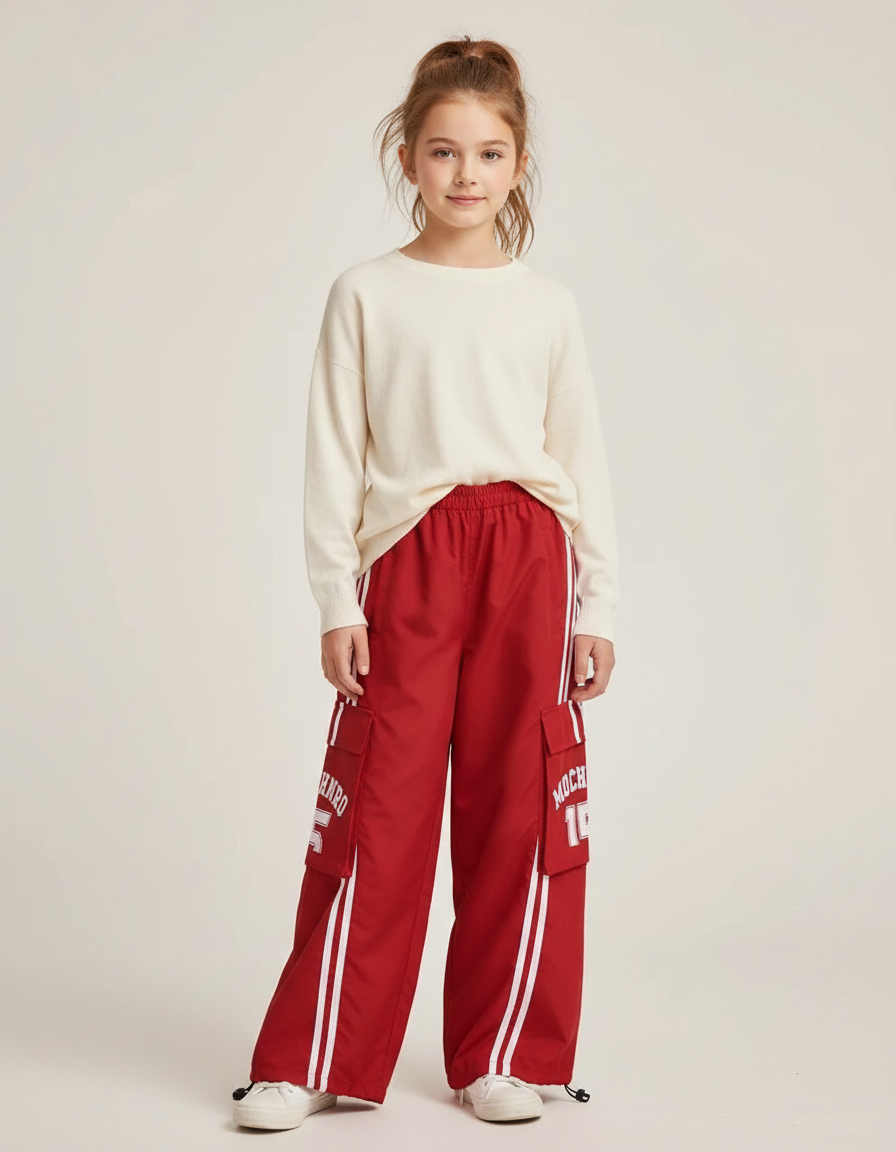Pantalon Fluide Rouge Cargo Rayures Blanches Ample - Polyester
