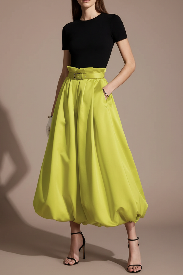 Pantalon Fluide Vert Citron Ample Plissé Ceinturé - Satin