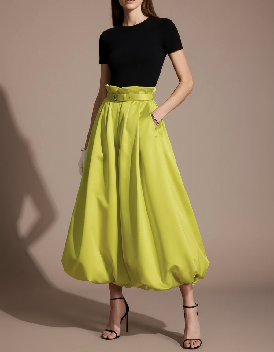 Pantalon Fluide Vert Citron Ample Plissé Ceinturé - Satin