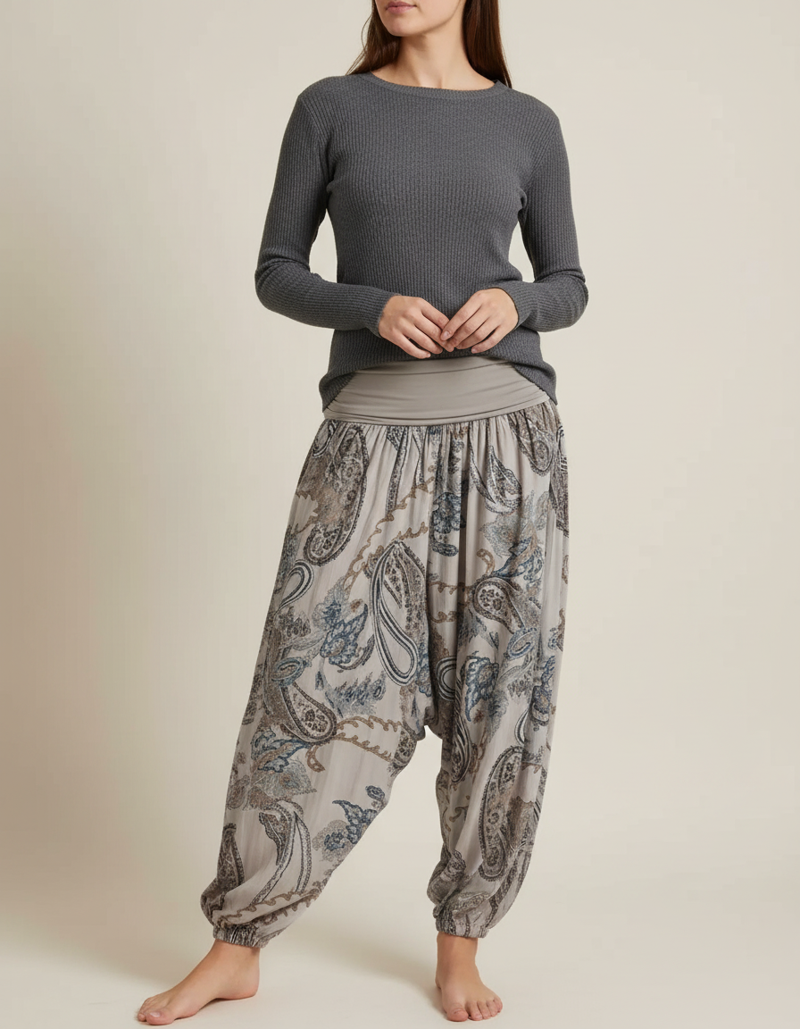 Pantalon Fluide Gris Paisley Ample Confortable Bohème - Viscose
